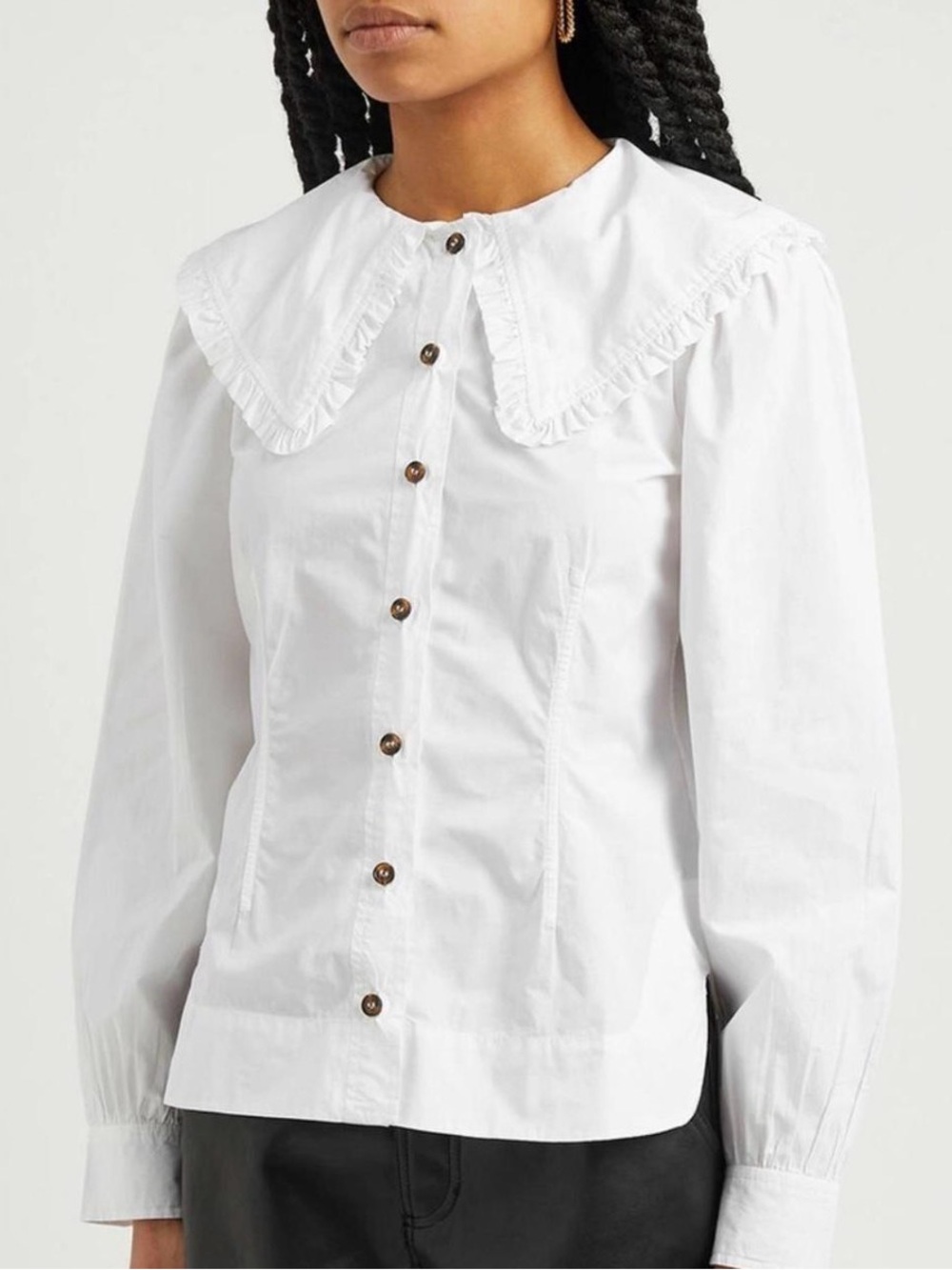 Ganni White Ruffle Collar Button-Down Blouse